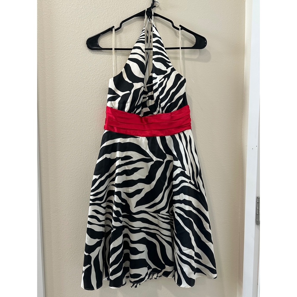 Y2K Dancing Queen Zebra Print Halter Dress Red Sash Pinup Rockabilly Small